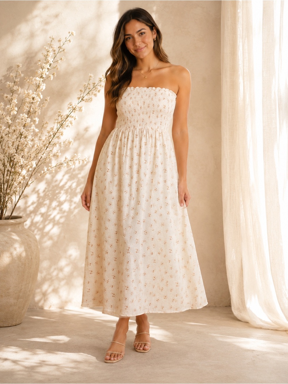 Aeropostale Cream Distressed Upper Bodice Strapless Smocked Floral Midi Dress